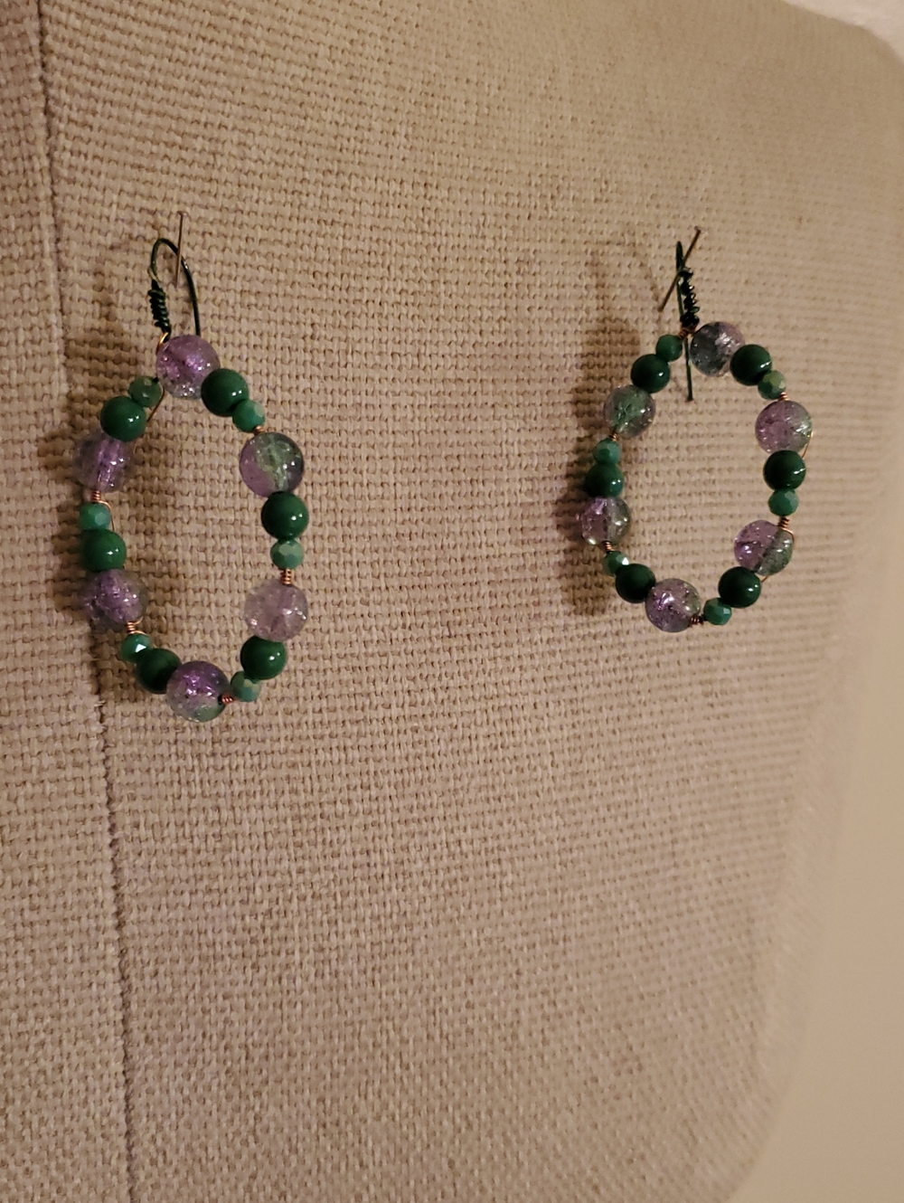 Handcrafted Green and Purple Beaded Hoop Earrings
